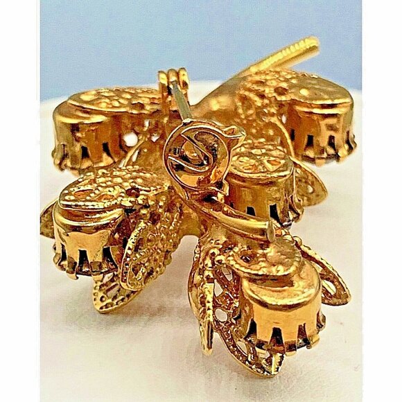 Vintage Schreiner? Ornate Faceted Amber Crystal Floral Gold 1960's Brooch - Picture 8 of 9